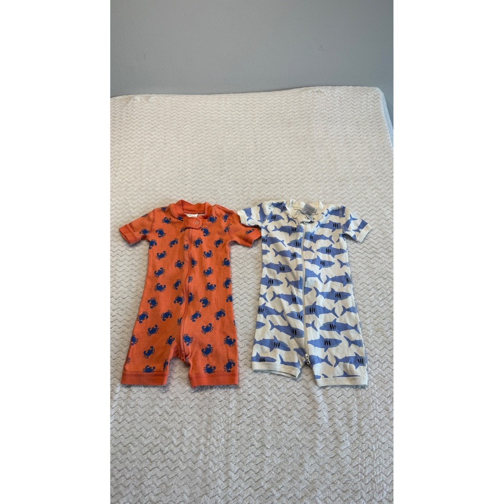 Hanna Andersson Organic Cotton Zip Romper Set 2pc Crabs Sharks 12-18 Months